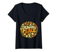 Donna Imagine Peace Retro Flowers Mushrooms Maglietta con Collo a V