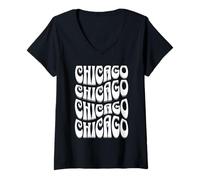 Donna Impressionante Chicago Illinois Groovy Retro 60s 70s Style Design Maglietta con Collo a V