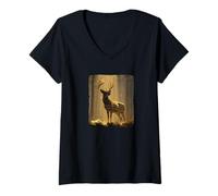 Donna Impressionante Deer USA nella Foresta per Gli Amanti dei Vestiti patriottici Maglietta con Collo a V