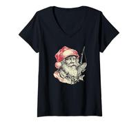 Donna Impressionante Pescatore Babbo Natale Grafica Maglietta con Collo a V