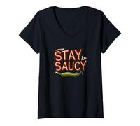 Donna Impressionante Stay Saucy Statement Costume Maglietta con Collo a V