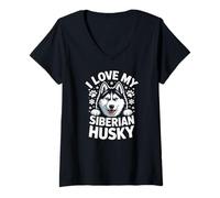 Donna Impronte di Zampe di I Love My Siberian Husky Maglietta con Collo a V