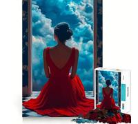 Donna in abito rosso che guarda le nuvole - Puzzle da 1000 pezzi per adulti - Esercizio mentale - Taglio di precisione - Bordi lisci - Attività rilassante di gruppo al chiuso (50x75cm)