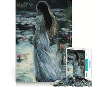 Donna in bianco tra le ninfee Puzzle da 1000 pezzi Gioco di divertimento mentale Pezzi a incastro precisi Rilassante attività di gruppo al chiuso (50x75cm)