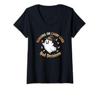 Donna in Esecuzione su Candy Corn e Decisioni sbagliate -Fun Ghost Halloween Maglietta con Collo a V