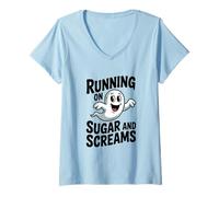 Donna in Esecuzione su Zucchero e urla Carino Fantasma Halloween Divertimento Maglietta con Collo a V
