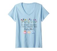 Donna in Every Season Will I Praise Him Psalms 146:2 Bible Verse Maglietta con Collo a V