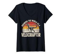 Donna In giro per il mondo come un amante dei dinosauri divertente Velociraptor Maglietta con Collo a V