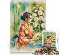 Donna in kimono con ventaglio, puzzle da 1000 pezzi per adolescenti, attività di concentrazione e svago, assemblaggio preciso, regalo premuroso (50x75cm)