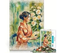 Donna in kimono con ventaglio - Puzzle da 1000 pezzi per adulti - Gioco di logica e allenamento - Incastro perfetto - Attività per rafforzare i legami affettivi (38x26cm)