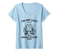 Donna In Modalità Risparmio Energetico Lazy Cat Introvert Maglietta con Collo a V