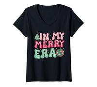 Donna in My Merry Era - Carino Groovy Xmas Maglietta con Collo a V