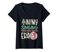Donna in My Singing Christmas Songs Era - Carino Groovy Xmas Maglietta con Collo a V