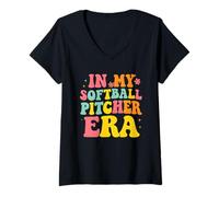 Donna in My Softball Pitcher Era Groovy Fastpitch Softball Gamer Maglietta con Collo a V