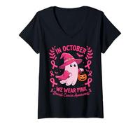 Donna in October We Wear Pink Breast Cancer Ghost Halloween Maglietta con Collo a V