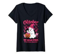 Donna in October We Wear Pink Breast Cancer Ghost Halloween Maglietta con Collo a V