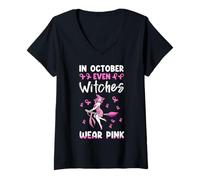 Donna in Ottobre Anche Le Streghe Indossano Il Cancro al Seno Rosa di Halloween Maglietta con Collo a V