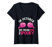 Donna in Ottobre indossiamo Nastro Rosa e spettrale per Il Cancro al Seno Maglietta con Collo a V
