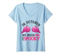 Donna in Ottobre indossiamo Nastro Rosa e spettrale per Il Cancro al Seno Maglietta con Collo a V