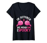 Donna in Ottobre indossiamo Nastro Rosa e spettrale per Il Cancro al Seno Maglietta con Collo a V