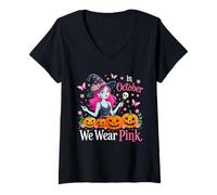 Donna in Ottobre indossiamo Rosa Strega Cancro Halloween Maglietta con Collo a V