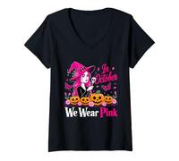 Donna in Ottobre indossiamo Rosa Strega Cancro Halloween Maglietta con Collo a V