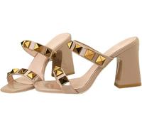 Donna In Pelle Strappy Studded Chunky Tacco Slide Sandali Moda Multi Band Toe Quadrato Aperto Slip On Comfort Block Tacco Alto(Marrone,38)