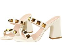 Donna In Pelle Strappy Studded Chunky Tacco Slide Sandali Moda Multi Band Toe Quadrato Aperto Slip On Comfort Block Tacco Alto(White,37)