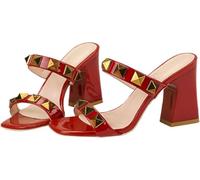 Donna In Pelle Strappy Studded Chunky Tacco Slide Sandali Moda Multi Band Toe Quadrato Aperto Slip On Comfort Block Tacco Alto(Rosso,35)
