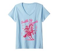 Donna in Sella Cowgirl Rosa Country Western Rodeo Andiamo Ragazze Maglietta con Collo a V