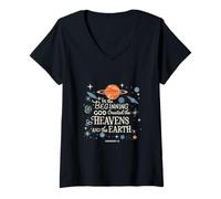 Donna In the Beginning God Created Heavens - Genesis 1:1 Gift Idea Maglietta con Collo a V