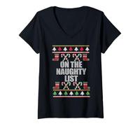 Donna in The Naughty List - Ugly Christmas Sweater Design Meme Maglietta con Collo a V