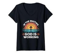 Donna in The Waiting God Is Working Maglietta con Collo a V