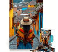 Donna in una strada colorata,Sud America Puzzle da 1000 pezzi Allenamento mentale Divertente Pezzi senza sbavature Taglio netto Attività coinvolgente per serate tranquille (38x52cm)