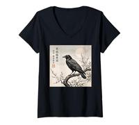 Donna Inchiostro Giapponese Black Raven Gothic Bird Black Crow Maglietta con Collo a V