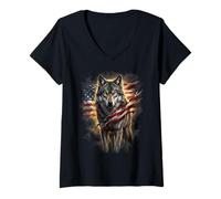 Donna Independence Day Majestic Wolf with American Flag Maglietta con Collo a V