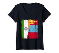 Donna India Mongolia Maglia Mongola Indiana Mezza Bandiera Maglietta con Collo a V