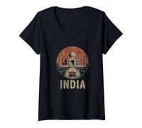 Donna India Taj Lotus Mahal Tempio Sole Rosso Vintage Art Design Maglietta con Collo a V