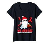 Donna Indossiamo la consapevolezza della dislessia Rossa Halloween Fantasma Carino Maglietta con Collo a V