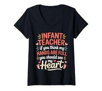 Donna Infant Teacher Hands Full Heart Even Fuller - Maglietta con Collo a V