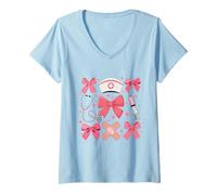Donna Infermiera Rosa Coquette Bow Estetica Infermiera Vita Nursing Maglietta con Collo a V