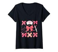 Donna Infermiera Rosa Coquette Bow Estetica Infermiera Vita Nursing Maglietta con Collo a V