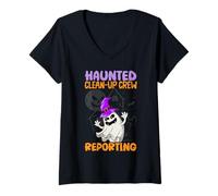 Donna Infestato Clean-Up Crew Reporting School Janitor Halloween Maglietta con Collo a V