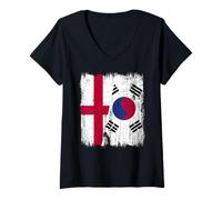 Donna Inghilterra Corea del Sud Mezza Bandiera Inglese Corea del Sud Maglietta con Collo a V