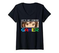 Donna Iniziamo Gamer Anime Occhi Pixel Gaming Maglietta con Collo a V