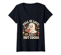 Donna Innamorarsi di Hot Cocoa Carino Fantasma Autunno Halloween Maglietta con Collo a V