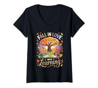 Donna Innamorarsi di Imparare Autunno Zucca Insegnante Bambini Maglietta con Collo a V