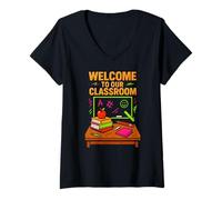Donna Insegnante del Primo Giorno Benvenuto nella Nostra Classe Cute Womens ABCD Maglietta con Collo a V
