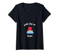Donna Insegnanti Mondi Okay-est Insegnante Apple Book Worm Anno scolastico Maglietta con Collo a V