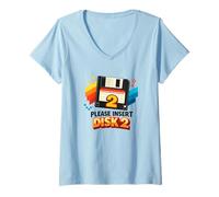 Donna Inserire Disk 2 Retro Floppy Computer Nostalgia Maglietta con Collo a V